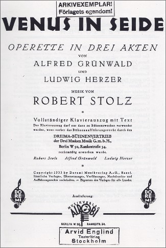 Robert Stolz, "Venus in Seide", Klavierauszug mit Text.